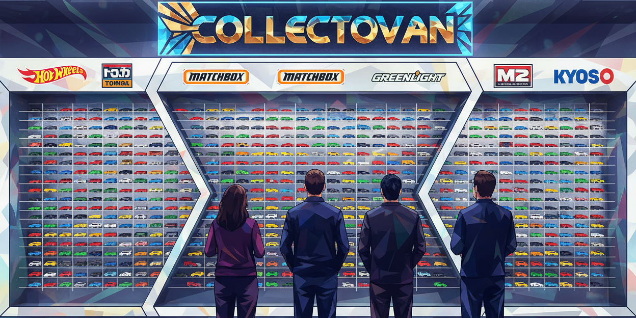 Generate an image in prisma theme with five adults looking at completely wall occupying wall display units filled with 1:64 scale loose Hot Wheels toy cars. The top of the display should have a banner with the Collectovan branding. Use the original Collectovan logo there. Show the image of the adults from their rear side. Try to have logos of brands such as Hot Wheels, Matchbox, Greenlight, Tomica, M2 & Kyosho on various sections of the display. 